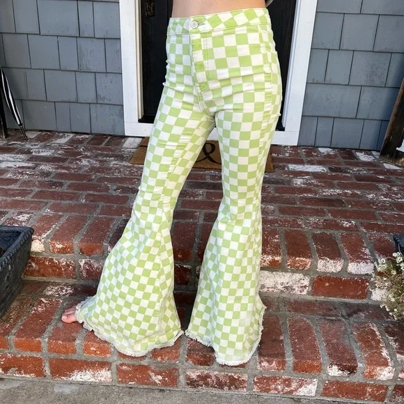 Free People Just Float On Flares Neon Green Checkerboard Bellbottom Jeans Sz 25 - Picture 1 of 15